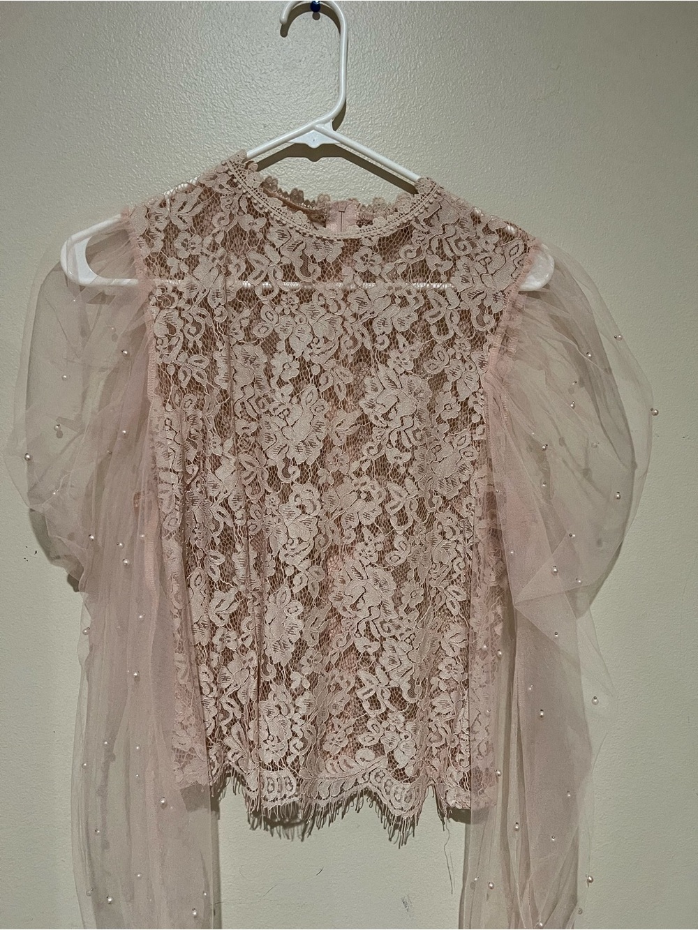 Lace & Tulle Puff Sleeve Top - Blush Pink